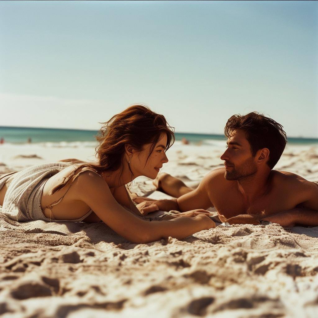 man and woman laying on a beach talking