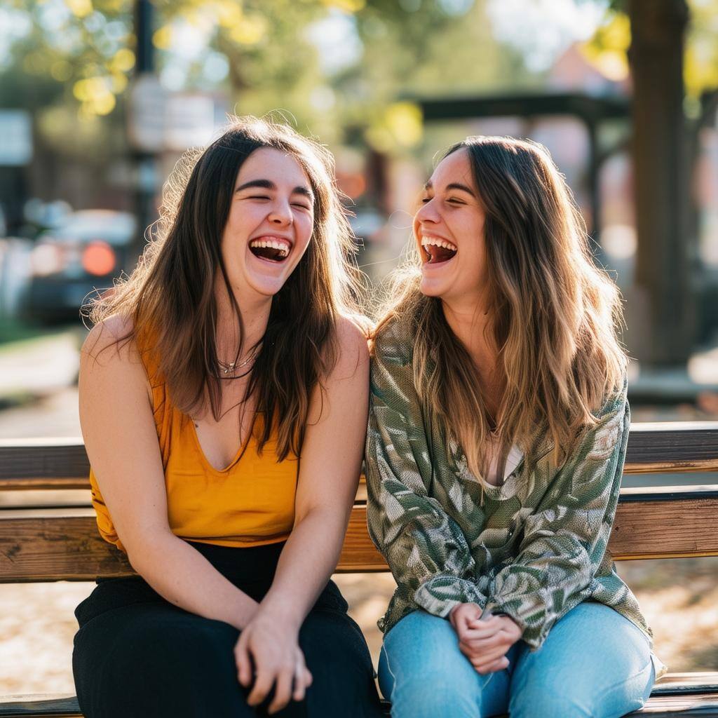 two women sitting on a bench laughing