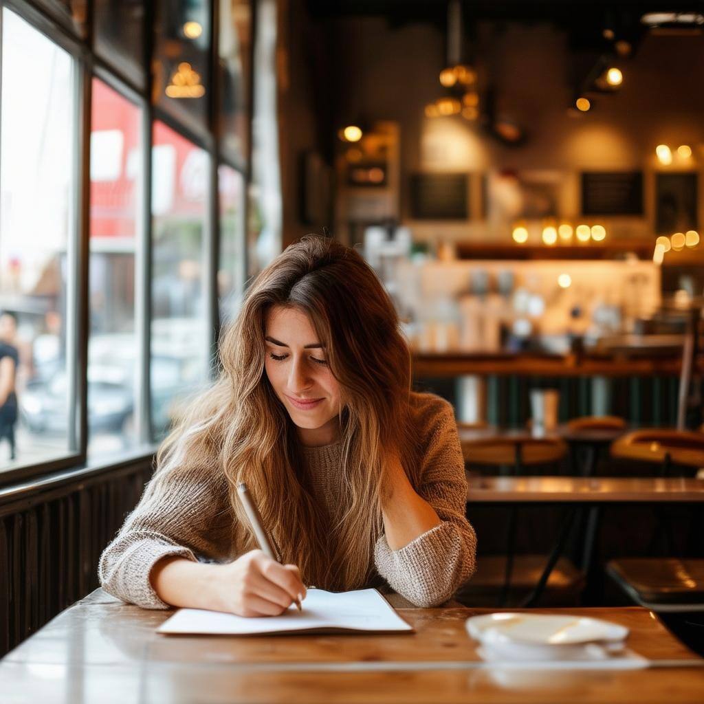 woman sitting in cafe writing